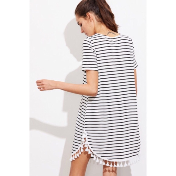 Tassel Trim Dolphin Hem Striped Dress - Picture 2 of 5